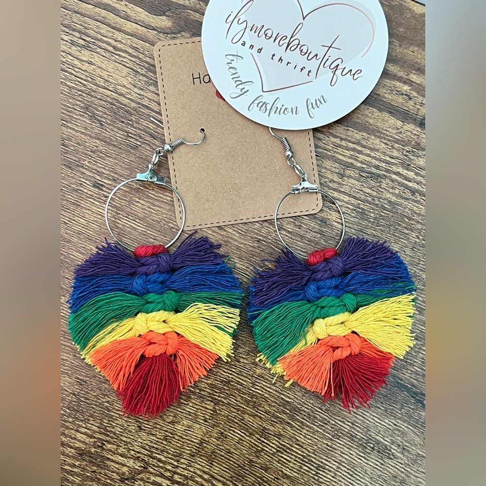 Handmade macrame feather earrings rainbow